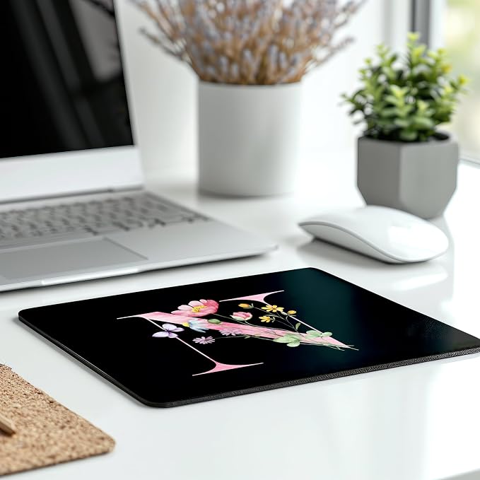 Mouse Pad Pinks Flowers Initial Letters Mousepad Desktop Laptop Computer Accessories Home Office Gaming Work Desk Computer Non-Slip Rubber Monogram Floral Alphabet A-Z mousepad (N)