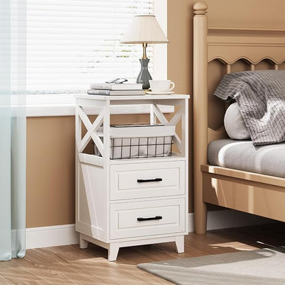 RoyalCraft 30" Tall Nightstand, Modern Painted Bedside Table with 2 Drawers and Open Shelf, Wood Side Table for Bedroom, Home Office, White-Open Shelf Above, Set of 2
