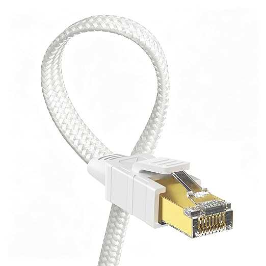Orbram Cat 8 Ethernet Cable 10 ft White, Nylon Braided High Speed Heavy Duty Network LAN Patch Cord, 40Gbps 2000Mhz SFTP RJ45 Flat Internet Cable Shielded in Wall, Indoor&Outdoor for PC/Modem/Router
