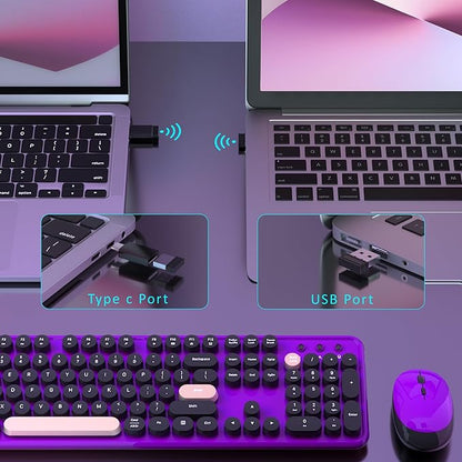 Colorful Wireless Keyboard and Mouse Combo, Retro Typewriter Style Round Keys, 2.4GHz Ergonomic Aesthetic Computer Keyboard with Wrist Rest for Mac, Windows, Laptop, PC(Violet Color)