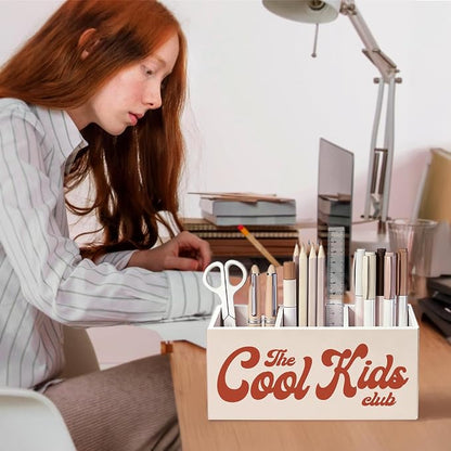 Kids Room Decor Pen Pencil Holder for Desk, The Cool Kids Club Wooden Box Sign Decorations for Boys Girls Room Bedroom Playroom Classroom Desk Tabletop