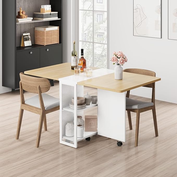 IDEALHOUSE FoldingTable, Drop Leaf Dining Table with 6 Wheels and 2-Layer Storage Shelf, Space Saving Table for Small Spaces (Natural Wood, 50.1" D x 31.4" W x 29.5" H)