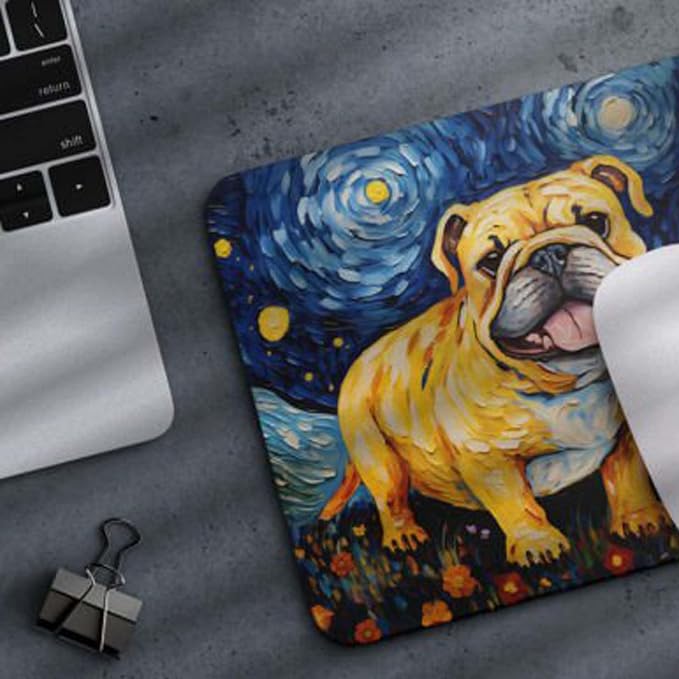 Starry Night Dog Mouse Pad for Home Office Gaming Working Desk Computer Desktop Accessories Non-Slip Rubber Mouse Pad for Dog Lovers (Bulldog)