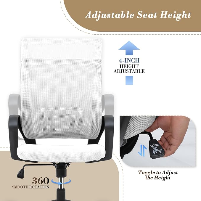 Office Chair Ergonomic - Mesh Desk Chair with Lumbar Support & Wide Seat (300Lbs Capacity) Adjustable Height, Swivel Wheels - for Home Office, Gaming, Bedroom