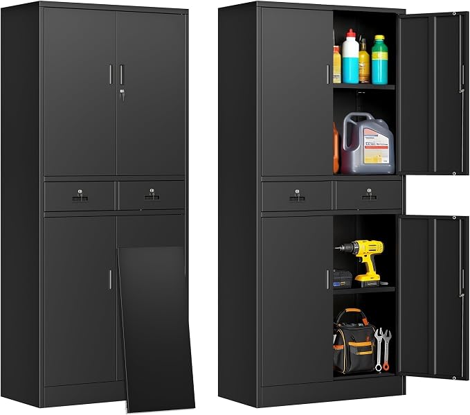 71" H Tall Metal Storage Cabinet with 2 Drawers, Metal Garage Storage Cabinet with Lock and 2 Adjustable Shelves for Home, Office, Garage, Warehouse Organize, Black
