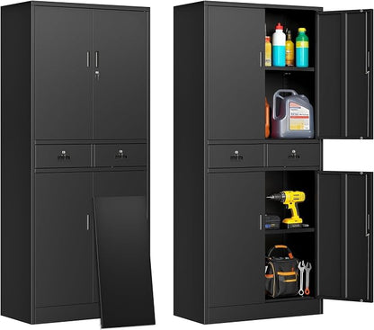 71" H Tall Metal Storage Cabinet with 2 Drawers, Metal Garage Storage Cabinet with Lock and 2 Adjustable Shelves for Home, Office, Garage, Warehouse Organize, Black