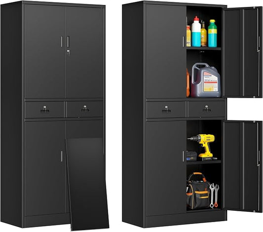 71" H Tall Metal Storage Cabinet with 2 Drawers, Metal Garage Storage Cabinet with Lock and 2 Adjustable Shelves for Home, Office, Garage, Warehouse Organize, Black