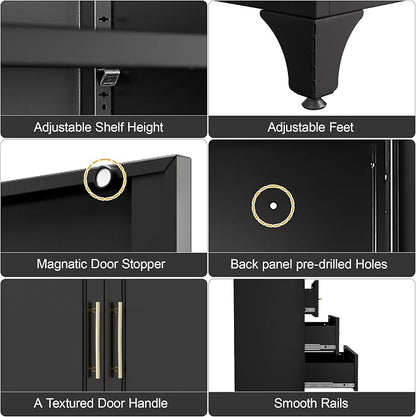 Metal Storage Cabinet with Doors and Shelves, 90" Tall Kitchen Pantry Storage Cabinets with 3 Drawer, Black Pantry Closet, Steel Large Cupboard, High Leveling Feet- Assembly Required