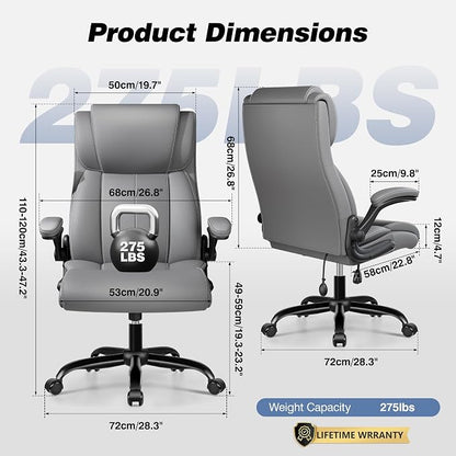 BESTFAIR Ergonomic Office Chair - Desk Computer Chair, Leather High Back Executive Chairs with Adjustable Lumbar Support & Flip Up Arms, Gray 2 Pack