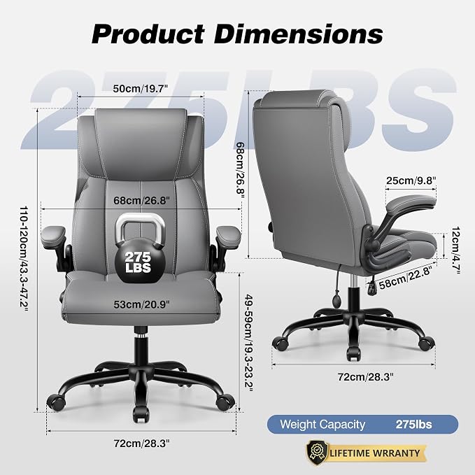 BESTFAIR Ergonomic Office Chair - Desk Computer Chair, Leather High Back Executive Chairs with Adjustable Lumbar Support & Flip Up Arms, Gray 4 Pack
