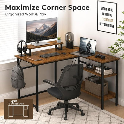DEVAISE 47 Inch L Shaped Gaming Desk with LED Lights & Power Outlets, Corner Desk for Small Spaces, Sturdy PC Computer Table with Storage for Home Office, Rustic Brown