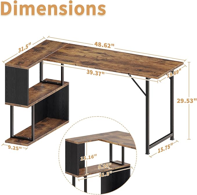 ALISENED L Shaped Computer Desk with 2 Shelves Bookshelf, Modern Corner Computer Desk with Storage, Office Desk Study Table Writing Desk for Home Office