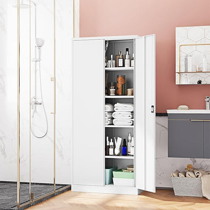 Fesbos Metal Storage Cabinet-72” Tall Steel File Cabinets with Lockable Doors and Adjustable Shelves-White Steel Storage Cabinet for Kitchen, Office, Garage