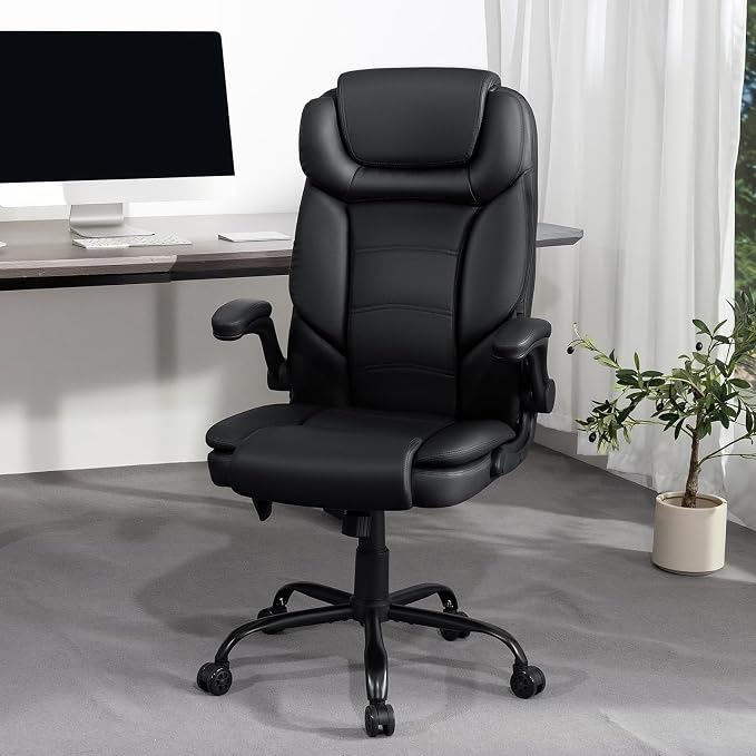 Executive Office Chair Big and Tall 450lbs Heavy Duty Office Chair with Adjustable Lumbar Support High Back Ergonomic Home Computer Leather Chair with Padded Flip-up Arms for Heavy People,Black