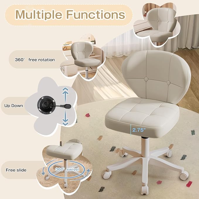 Vanity Chair with Back – Small Armless Office Chair with Wheels, Lumbar Support, PU Leather, Adjustable Height, 360° Swivel for Home, Bedroom, Office (White Set of 1)