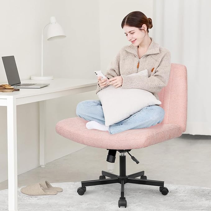 Orange Factory Criss Cross Chair Wheels Wide Cross Legged Office Desk Vanity Chair Comfy Fabric Armless Adjustable Swivel for Home Computer Task (Pink Wheel, Fabric)