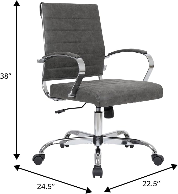 LeisureMod Benmar Leather Office Desk Chair, Mid-Back Ergonomic Swivel Chair with Lumbar Support, Adjustable Height, Tilt Lock, Cushioned Seat & Back, Home Office Task Chair (Charcoal, Set of 8)