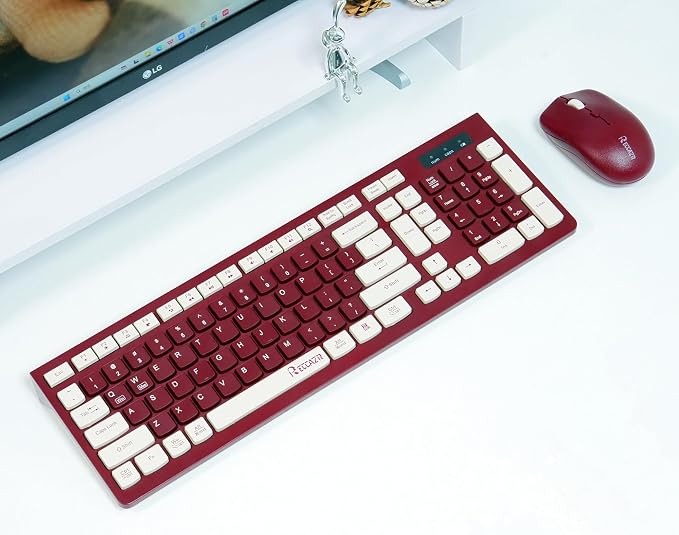 Wireless Keyboard and Mouse Combo, Reccazr 2.4G Full-Sized Keyboard and Mouse Cordless, 3 DPI Adjustable Mouse, Dual-System Keyboard for Computer/Laptop/Windows/Mac (Wine red)