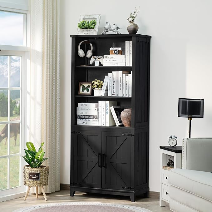 Joaxswe 70in Tall Bookshelf 5 Tier Bookcase with Barn Doors and Adjustable Shelves, Black Farmhouse Book Shelf with Storage Cabinet, Wood Freestanding Display Bookshelves for Bedroom, Kitchen (2PCS)