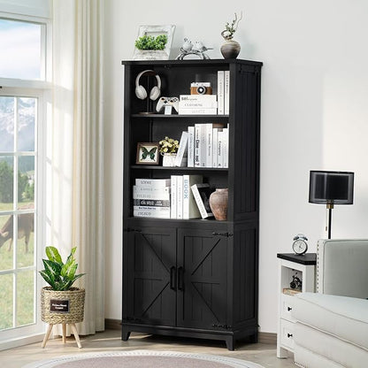 Joaxswe 70in Tall Bookshelf 5 Tier Bookcase with Barn Doors and Adjustable Shelves, Black Farmhouse Book Shelf with Storage Cabinet, Wood Freestanding Display Bookshelves for Bedroom, Kitchen (2PCS)