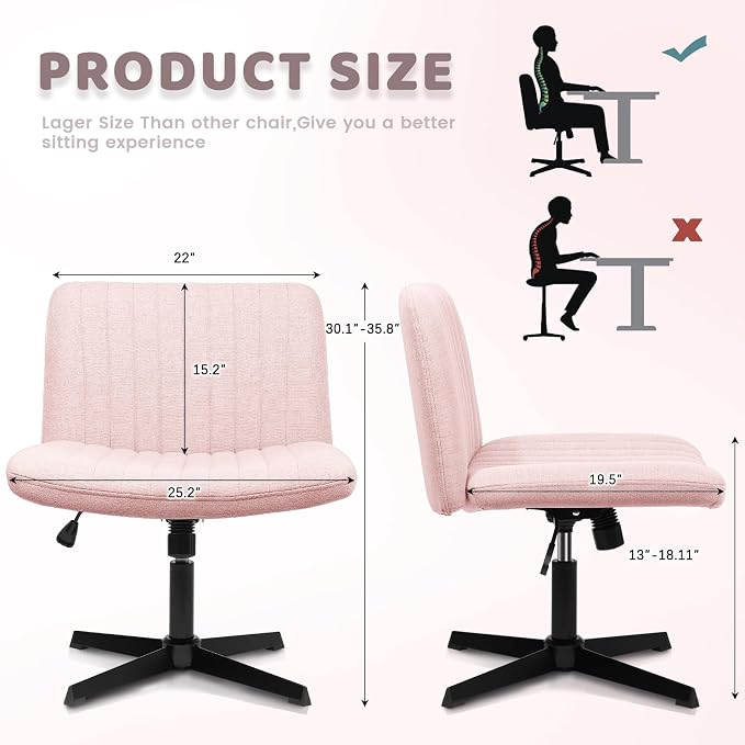 LEMBERI Fabric Padded Desk Chair No Wheels, Armless Wide Swivel Home Office Desk Chair,120° Rocking Mid Back Ergonomic Computer Task Vanity Chair for Office, Home, Make Up,Small Space (Pink)