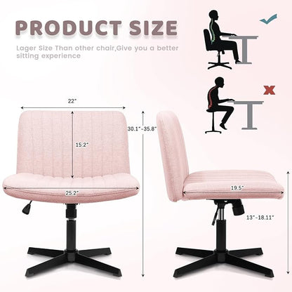 LEMBERI Fabric Padded Desk Chair No Wheels, Armless Wide Swivel Home Office Desk Chair,120° Rocking Mid Back Ergonomic Computer Task Vanity Chair for Office, Home, Make Up,Small Space (Pink)
