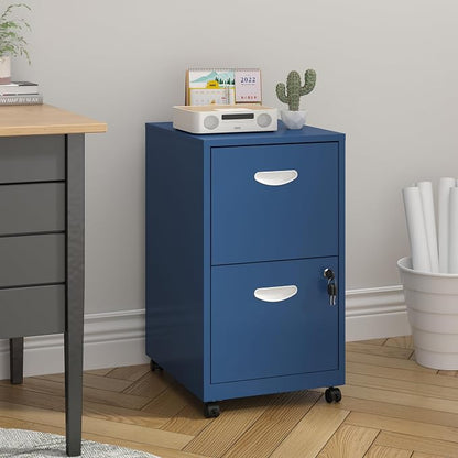 UNICOLY 2 Drawer File Cabinet with Lock, Filing Cabinets with Wheels, Rolling File Cabinets for Home Office, Metal Office File Cabinet, Mobile Filing Cabinet for Holding Letters and File Boxes, Blue