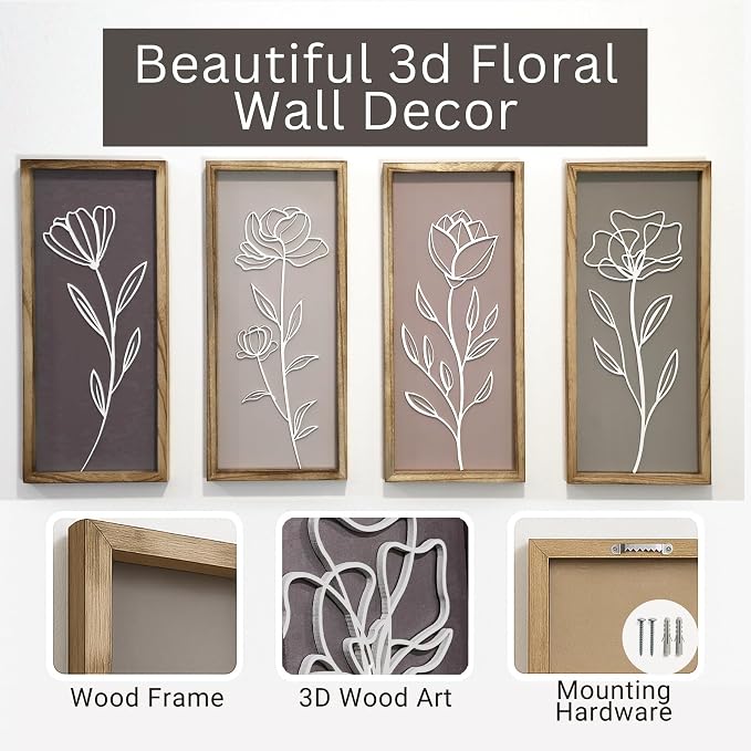 3D Floral Bathroom Wall Decor, Set of 4 Wooden Framed Home Decor | Boho Botanical Wall Hanging Art, Modern Farmhouse Style, Bedroom, Living Room, Kitchen, Office Accent, Housewarming Gift