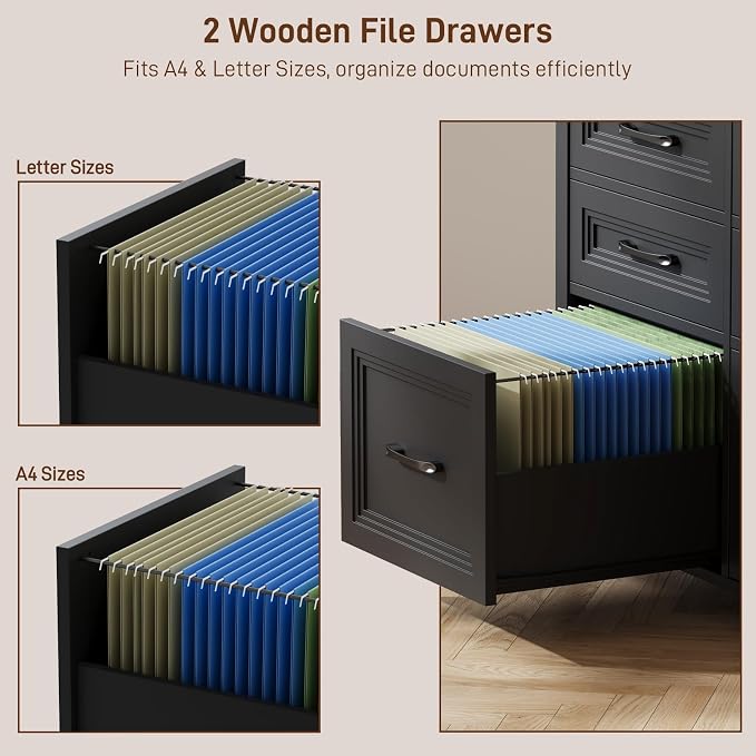 Halitaa 6 Drawer File Cabinets,Farmhouse Lateral Filing Cabinet Fits Letter and A4 Size, Wooden File Cabinet for Home Office, Printer Stand,Black