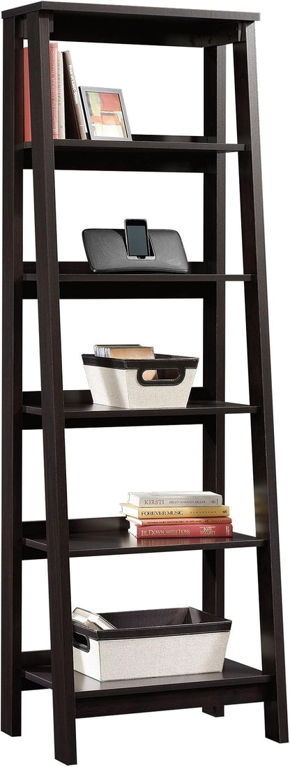 Sauder Ladder Bookshelf 5 Tier Trestle Ladder Shelf Wooden Bookcase, in Jamocha Wood