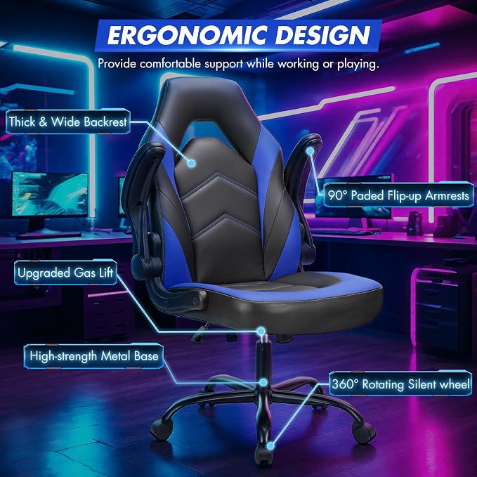 Sweetcrispy Computer Video Game Desk Chair: Ergonomic Comfy Lumbar Support, PU Leather with Flip-up Armrest, Height Adjustable and 360° Swivel, for Adults, Black Blue