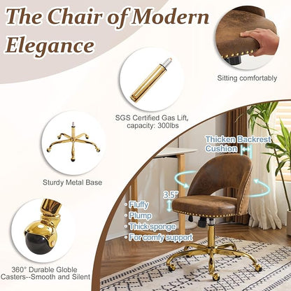 VINGLI Modern Velvet Small Office Chair,Cute Desk Chair with Wheels,Gold Base/Studs, Comfy Armless Swivel Vanity Task Chair for Women/Girl/Kids, Nail Tech Chair for Bedroom,Small Space,Rustic