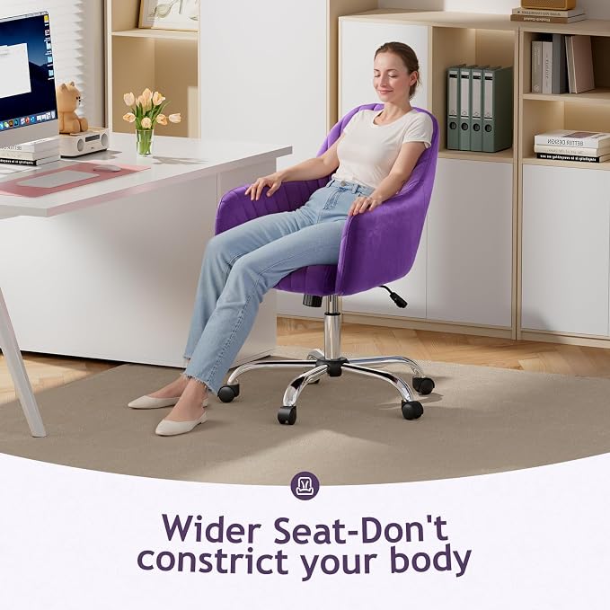 Warmiehomy Vanity Chair, Velvet Home Office Desk Chairs, Comfy Ergonomic Office Chair, Makeup Computer Chair with Arm Rest, Velvet Plum Purple