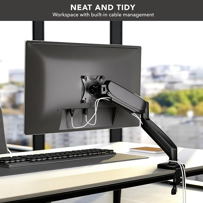 Mount-It! Single Monitor Arm Desk Mount, Gas Spring Monitor Mount, Fits 13–32" Screens up to 17.6 lbs, VESA 75x75 & 100x100, Full Motion Tilt Swivel Rotate, C-Clamp & Grommet Base