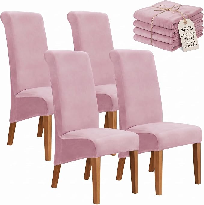 Deisy Dee Stretch XL/Oversized Extra Large Velvet Dining Room Chair Covers for Kitchen Dining，Removable Washable Chair Protectors Slipcovers (Pink, 4)