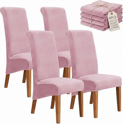 Deisy Dee Stretch XL/Oversized Extra Large Velvet Dining Room Chair Covers for Kitchen Dining，Removable Washable Chair Protectors Slipcovers (Pink, 4)