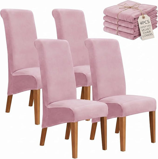 Deisy Dee Stretch XL/Oversized Extra Large Velvet Dining Room Chair Covers for Kitchen Dining，Removable Washable Chair Protectors Slipcovers (Pink, 4)