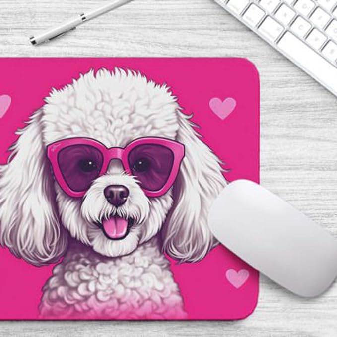 Pink Mousepad Glamour Dog Bichon Frise Mouse Pad for Home Office Gaming Working Desk Computer Desktop Accessories Non-Slip Rubber Mousepad for Dog Lovers