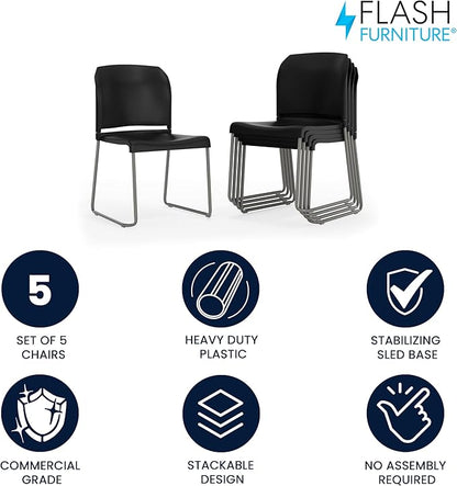 Flash Furniture Hercules Series Contoured Stacking Chairs for Waiting Rooms and Offices, Ergonomic Lobby Chairs with Curved Back, Set of 5, Black