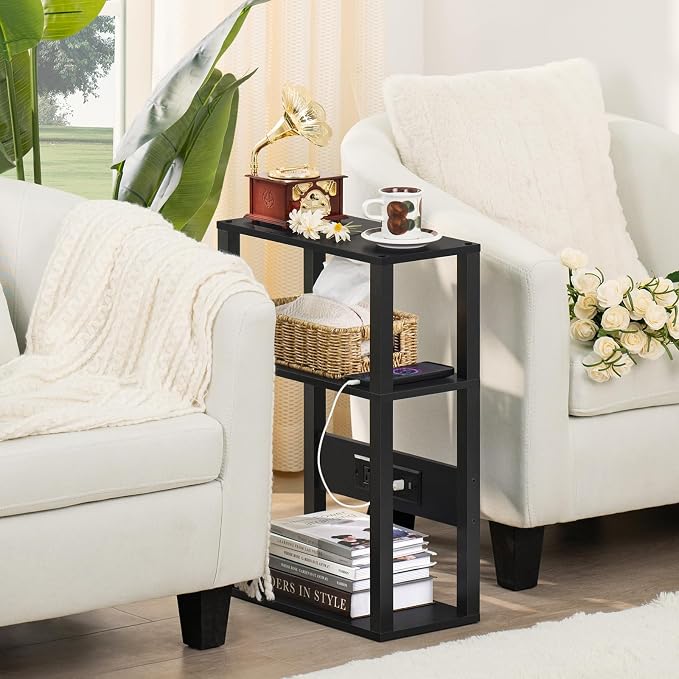 YUFAM 3-Tier Small Narrow Wood Side Table Set of 2 with Charging Station - Skinny Nightstand for Small Spaces, Slim Bedside Table with USB Ports and Outlets - Thin End Table with Storage, Black