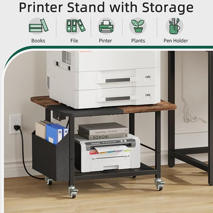 YAOHUOO 23.6"×23.6" Large Printer Stand with Power Outlet, Printer Table with Storage Side Pocket, Heavy Duty Rolling Cart for Home Office 3D Printer/Laser/Heat Press Table, Rustic Brown