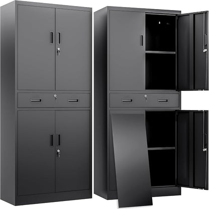 BESFUR Metal Storage Cabinet with a Drawer 4 Doors and 2 Adjustable Shelves Garage Storage Cabinet with Lock 71" Office Storage Cabinets Locking Cabinets for Garage Office Shop Home (Black)