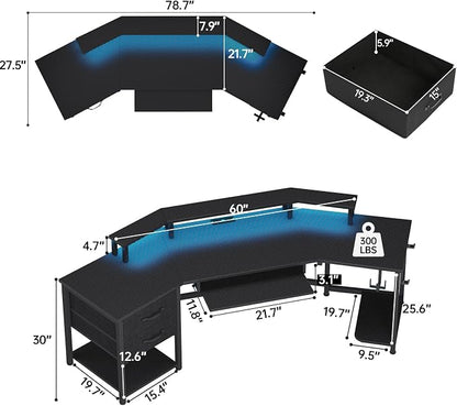 SEDETA 79" Gaming Desk, Computer Desk with 2 Fabric Drawers & LED Light, L Shaped Gaming Desk with Storage Shelf for Home Office, Carbon Fiber Black