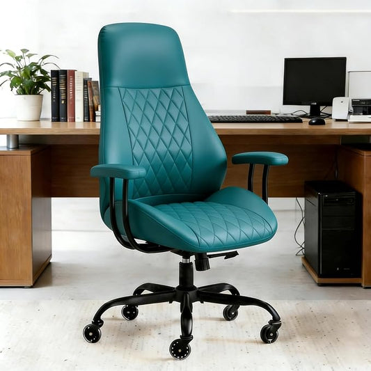 E-Ser Leather Desk Chair, Mid Century Modern Office Chair, Green | Lumbar Support, Ergonomic, 360° Swivel, Rubber Rolling Wheels, Adjustable Height, for Adults