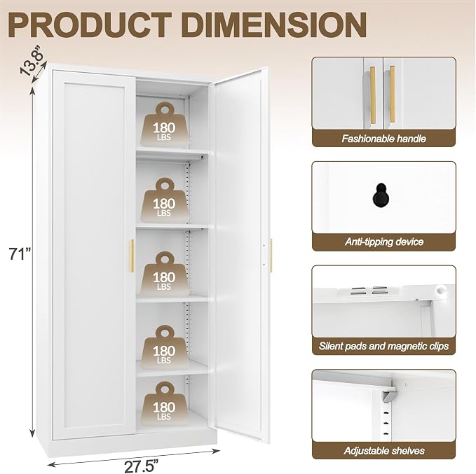 71" H Metal Storage Cabinet, Tall Storage Cabinet with Doors & 4 Adjustable Shelves, White Pantry Cabinet for Kitchen, Dining Room & Living Room