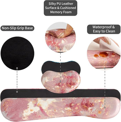 QiyI Leather Desk Mat Set, 4-in-1 Large Mouse Pad with Ergonomic Wrist Rest, Waterproof Desk Pad + Keyboard Wrist Rest + Mouse Wrist Support + Coaster, Non-Slip Office Gaming Accessories, Pink Marble