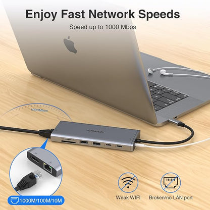 USB C Docking Station 3 Monitors USBC Hub Laptop Dual Monitor Multiport Adapter Dock Dongle,USBC to 2 HDMI,4K DisplayPort,PD Charging,Ethernet,7 USB-C/A Ports,SD/TF,Audio for Dell/HP/Lenovo