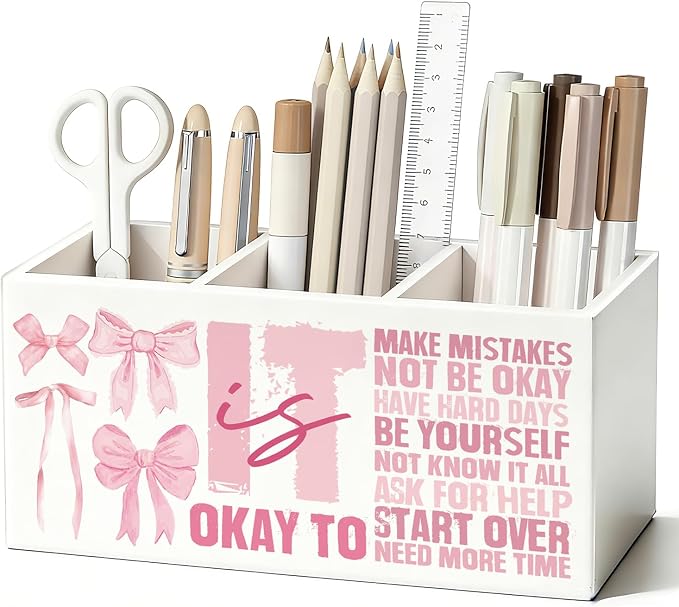 Pink Bow Inspirational Pen Pencil Holder for Desk, Inspirational Gifts for Women, Preppy Girly Motivational Wooden Box Sign Decorations for Girls Bedroom Room Dorm Desk Tabletop