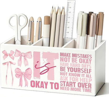 Pink Bow Inspirational Pen Pencil Holder for Desk, Inspirational Gifts for Women, Preppy Girly Motivational Wooden Box Sign Decorations for Girls Bedroom Room Dorm Desk Tabletop