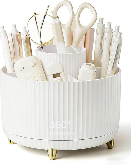 Pencil Pen Holder 5 Slots 360°Degree Rotating Pen Organizers for Desk Desktop Storage Stationery Supplies Cute Pencil Cup Pot Kids Desk Organizer for Office Home School（White 2